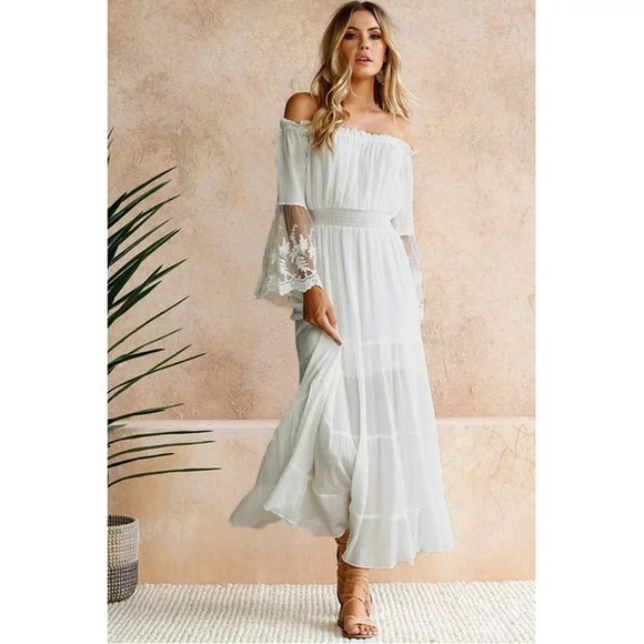 Women white boho off shoulder maxi dress photoshoot - Picture 5 of 10